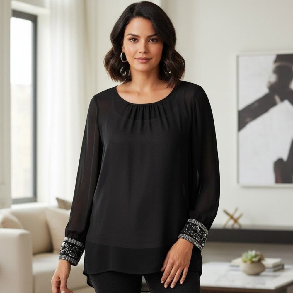 NWT Forever 21 Womens L Black Silver Sheer Beaded Long Sleeve Woven Top Party
